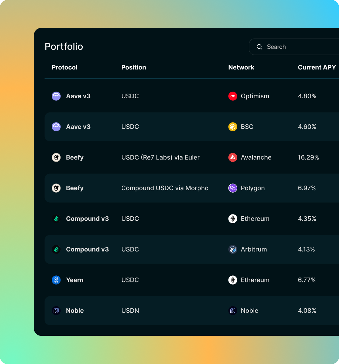 Unifies your stablecoin yield strategies across chains in a single portfolio view.